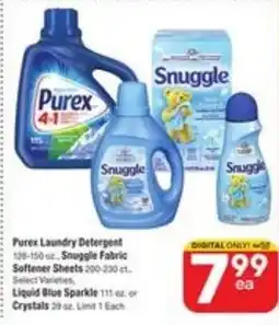 Randalls Purex laundry detergent, snuggle fabric softener sheets, liquid blue sparkle or crystals offer