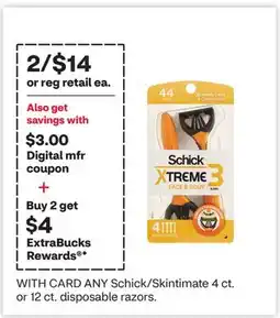 CVS ANY Schick/Skintimate 4 ct. or 12 ct. disposable razors offer