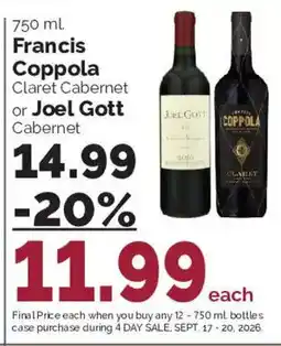 Harris Teeter Francis Coppola Claret Cabernet or Joel Gott Cabernet offer