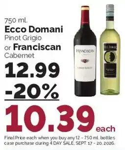 Harris Teeter Ecco Domani Pinot Grigio or Franciscan Cabernet offer