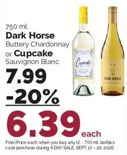 Harris Teeter Dark Horse Buttery Chardonnay or Cupcake Sauvignon Blanc offer
