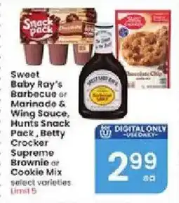 Albertsons Sweet Baby Ray's Barbecue or Marinade & Wing Sauce, Hunts Snack Pack, Betty Crocker Supreme Brownie or Cookie Mix offer