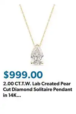 Sam's Club 2.00 CT.T.W. Lab Created Pear Cut Diamond Solitaire Pendant in 14K Gold offer