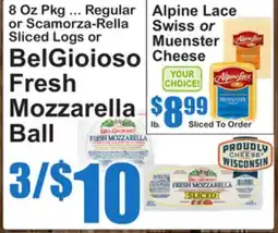 SuperFresh Alpine Lace Swiss or Muenster Cheese, BelGioioso Fresh Mozzarella Ball offer