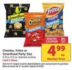 Vons Cheetos, Fritos or Smartfood Party Size offer