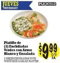 La Michoacana 3 green enchiladas with white rice and salad platter offer