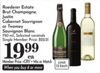 Roederer Estate Brut Champagne, Justin Cabernet Sauvignon or Twomey Sauvignon Blanc