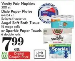 Pavilions Vanity Fair Napkins, Dixie Paper Plates, Angel Soft Bath Tissue or Sparkle Paper Towels offer