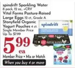 Pavilions Spindrift Sparkling Water, Vital Farms Pasture-Raised Eggs, Stonyfield Organic Yogurt Pouches offer