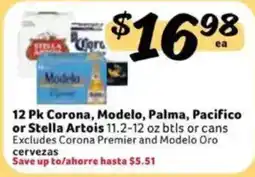 Fresco y Más 12 Pk Corona, Modelo, Palma, Pacifico or Stella Artois offer