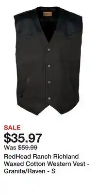 Cabela's RedHead Ranch Richland Waxed Cotton Western Vest - Granite/Raven - S offer