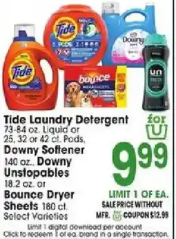 Jewel-Osco Tide Laundry Detergent, Downy Softener, Downy Unstoppables, Bounce Dryer Sheets offer