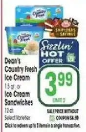 Jewel-Osco Dean's Country Fresh Ice Cream or Ice Cream Sandwiches offer