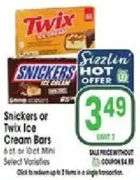 Jewel-Osco Snickers or Twix Ice Cream Bars offer