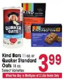 Jewel-Osco Kind Bars or Quaker Standard Oats offer