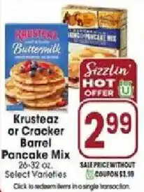 Jewel-Osco Krusteaz or Cracker Barrel Pancake Mix offer