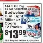 Key Food Budweiser, Bud Light, Miller or Coors 12 Packs offer