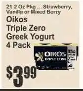 Key Food Oikos Triple Zero Greek Yogurt 4 Pack offer