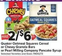 Giant Food Quaker Oatmeal Squares Cereal or Chewy Granola Bars or Pearl Milling Company Pancake Syrup offer