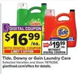 Giant Food Tide, Downy or Gain Laundry Care offer