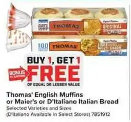 Giant Food Thomas' English Muffins or Maier's or D'Italiano Italian Bread offer