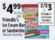 Pioneer Supermarkets Friendly's Ice Cream Bars or Sandwiches offer