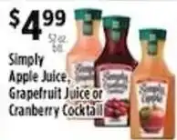Pioneer Supermarkets Simply Apple Juice, Grapefruit Juice or Cranberry Cocktail offer
