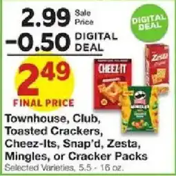 United Supermarkets Townhouse, Club, Toasted Crackers, Cheez-Its, Snap'd, Zesta, Mingles, or Cracker Packs offer