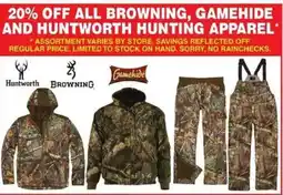 Dunham's Sports Browning, Gamehide and Huntworth hunting apparel offer