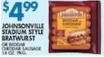 Associated Johnsonville stadium style bratwurst or redwood cheddar sausage offer