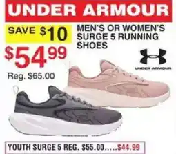 Dunham's Sports Under Armour men's or women's surge 5 running shoes offer