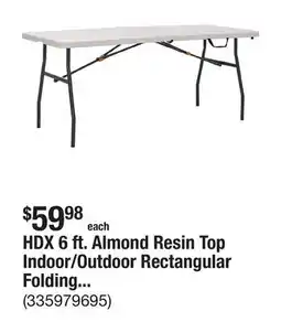 The Home Depot HDX 6 ft. Almond Resin Top Indoor/Outdoor Rectangular Folding Utility Table, Seats 6 offer