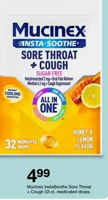 Target Mucinex InstaSoothe Sore Throat + Cough 32 ct medicated drops offer