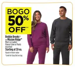 Dollar General Bobbie Brooks or Mission Ridge Men's or Ladies' Fleece Crew or Pants offer