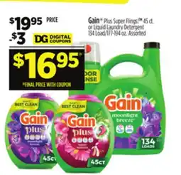 Dollar General Gain Plus Super Flings! 45 ct. or Liquid Laundry Detergent 134 Load/177-194 oz offer