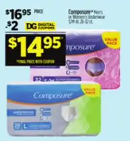 Dollar General ComposureTM Men's or Women's Underwear S/M-XL 26-32 ct offer