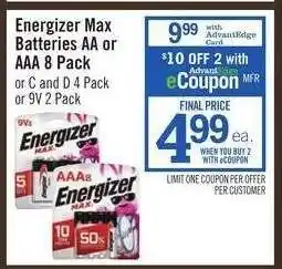 Price Chopper Energizer Max Batteries AA or AAA 8 Pack offer