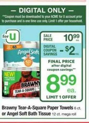ACME Brawny Tear-a-square Paper Towels Or Angel Soft Bath Tissue offer