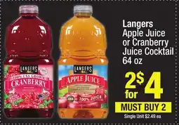Super King Markets Langers Apple Juice or Cranberry Juice Cocktail offer