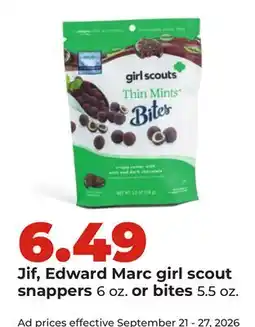 Hy-Vee Jif, Edward Marc girl scout snappers 6 oz. or bites 5.5 oz offer