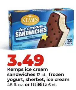 Hy-Vee Kemps ice cream sandwiches 12 ct., frozen yogurt, sherbet, ice cream 48 fl. oz. or IttiBitz 6 ct offer