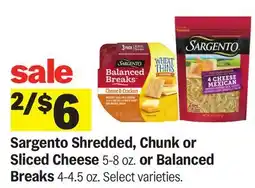 Meijer Sargento Shredded, Chunk or Sliced Cheese 5-8 oz. or Balanced Breaks 4-4.5 oz offer