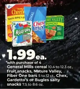 Hy-Vee General Mills cereal, fruit snacks, Nature Valley, Fiber One bars, Chex, Gardetto's or Bugles salty snacks offer
