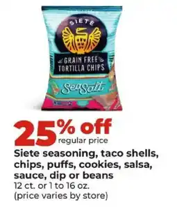 Hy-Vee Sieite seasoning, taco shells, chips, puffs, cookies, salsa, sauce, dip or beans offer