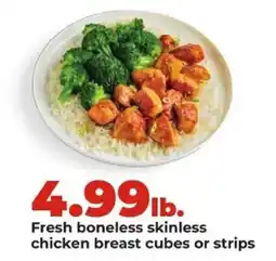 Hy-Vee Fresh boneless skinless chicken breast cubes or strips offer