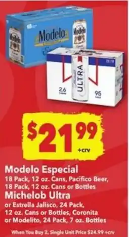 Vallarta Supermarkets Modelo Especial or Michelob Ultra or Estrella Jalisco offer