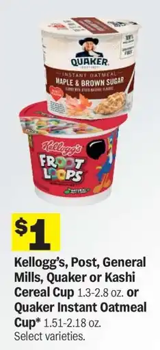 Meijer Kellogg’s, Post, General Mills, Quaker or Kashi Cereal Cup or Quaker Instant Oatmeal Cup offer