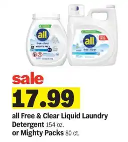 Meijer all Free & Clear Liquid Laundry Detergent or Mighty Packs offer