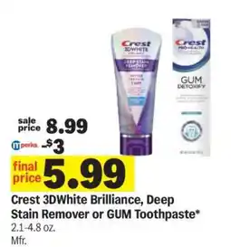 Meijer Crest 3DWhite Brilliance, Deep Stain Remover or GUM Toothpaste offer