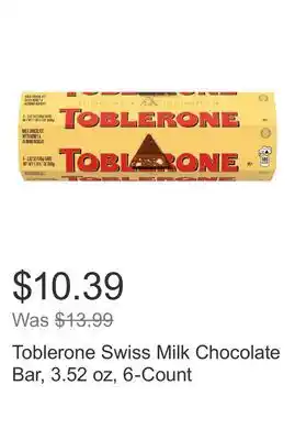 Costco Toblerone Swiss Milk Chocolate Bar, 3.52 oz, 6-Count offer